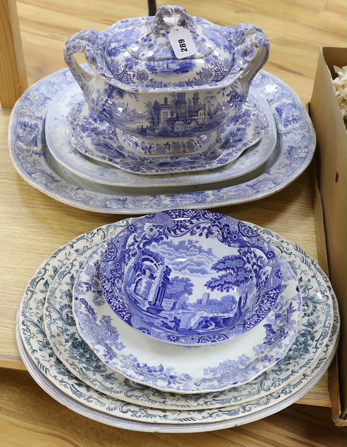 A group of 19th century blue and white dishes, and a soup tureen, cover and stand by Copeland Spode, etc (8)